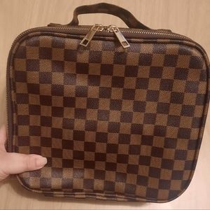 Brown checker makeup bag